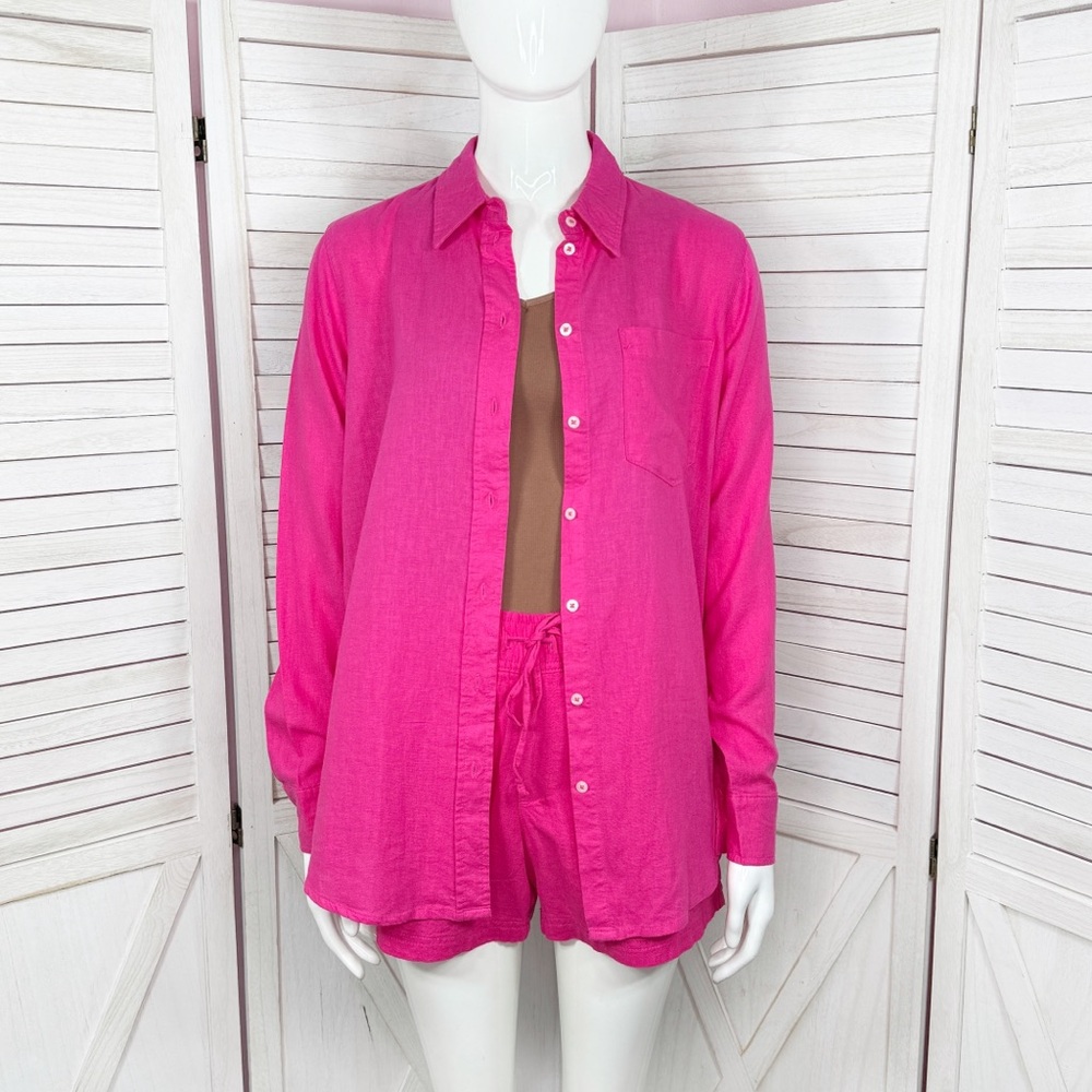 Gap Linen Blend Slouchy‎ Boyfriend Shirt Pull On Shorts Set Hot Pink XS